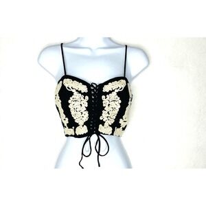 Lace-up bustier appliqued drawstring black crop top small whimsigoth festival